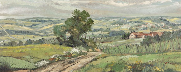 Hallertauer Landschaft, o.J., Öl auf Holzfaserplatte, 37 x 92 cm,
