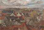 In diesem Gemälde kann der Betrachter über die Dächer und hohen Fassaden der Stadt Pfaffenhofen blicken. In der Ferne sind eine Kirche sowie hügelige Wiesen und Wälder unter einem bewölkten Himmel zu sehen.