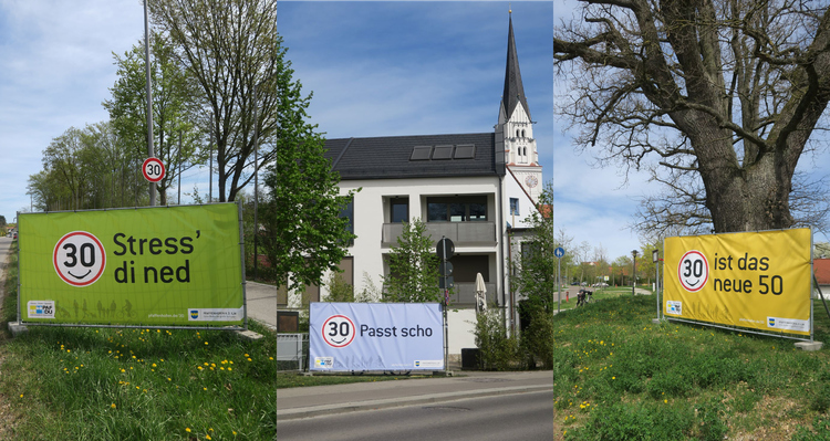 Drei Bilder mit Tempo 30 Bannern