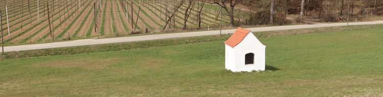 Foto einer Kapelle auf einer Wiese, im Hintergrund eine Straße und ein Hopfengarten