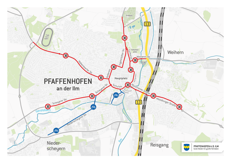 Stadtplan mit eingezeichneten Strecken Tempo 30 und Fahrradstraßen