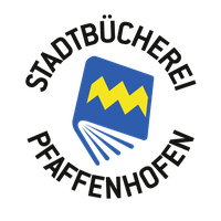 Buch in blau-gelb mit Stadtwappen auf dem Titel; umrandet mit Schrift "Stadtbücherei Pfaffenhofen"