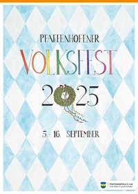Volksfestplakat 2025: blau-weiße Rauten mit buntem Schriftzug und Hopfenkranz