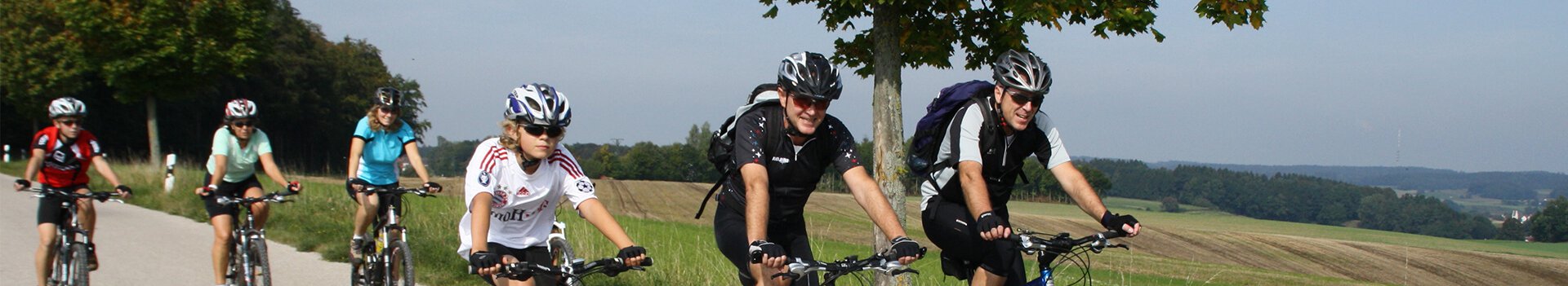 Mehrere sportlich gekleidete Radfahrer auf einer Straße, dahinter Felder und Wald