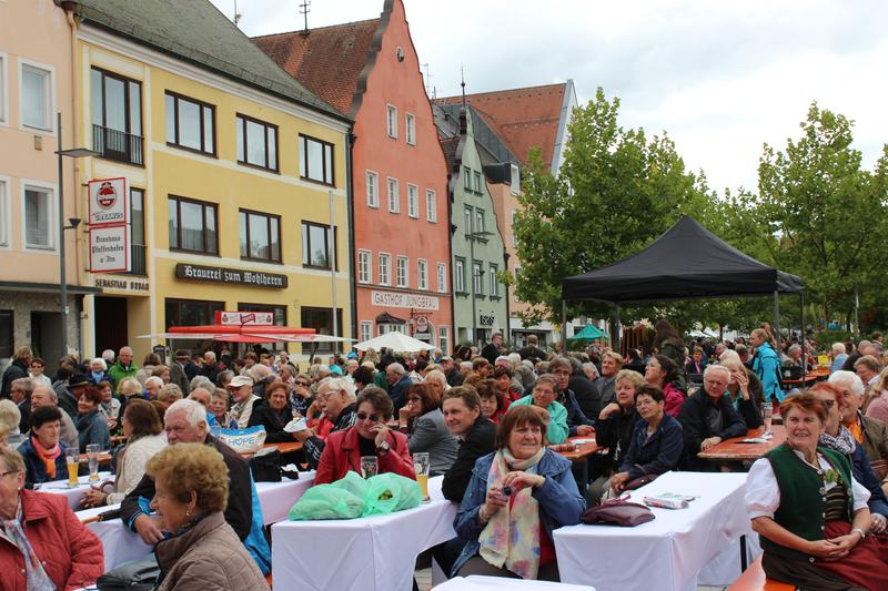 Die Besucher lauschen dem interessanten und unterhaltsamen Programm auf der Bühne vor dem Rathaus.