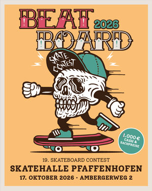Orangerner Hintergrund mit Totenkopf auf Skateboard