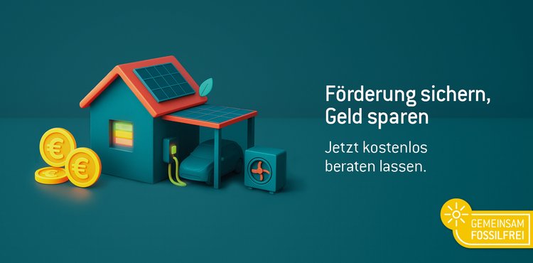 blauer Hintergrund mit Haus, E-Auto und Geldstücken