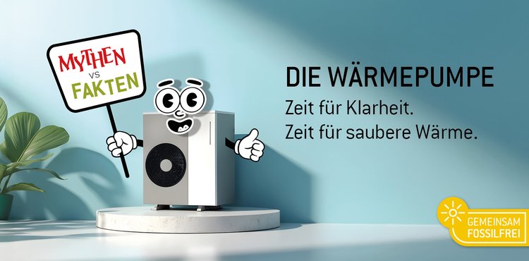Wärmepumpe mit Gesicht und Händen hält Schild mit Aufschrift "Mythen vs. Fakten" in der Hand