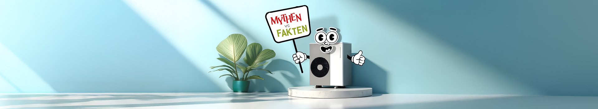 Wärmepumpe mit Gesicht und Händen hält Schild mit Aufschrift "Mythen vs. Fakten" in der Hand