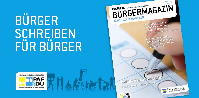 Titel Bürgermagazin März 2026; Hand füllt Stimmzettel aus; blauer Hintergrund mit Schrift: "Bürger schreiben für Bürger"