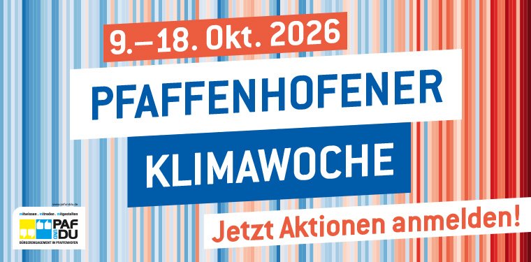 Vertikale Streifen und Blau und Rottönen bilden von links nach rechts den Temperaturverlauf in Bayern ab. Dazu steht die Überschrift der Klimawoche.