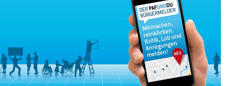 Werbungsbanner für den Bürgermelder "Mitmachen, reinklicen. Kritik, Lob und Anregungen melden."