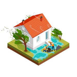 Eine Grafik zeigt ein Haus bei extremen Wetter mit Sturm und Regen.
