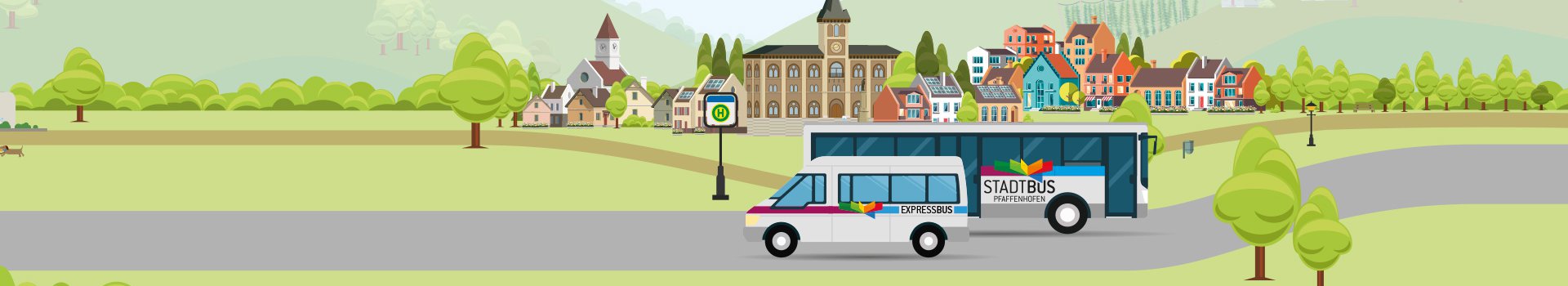 Ein Piktogramm mit zwei BUssen, dem Rathaus Pfaffenhofen, Häusern und einer Landschaft